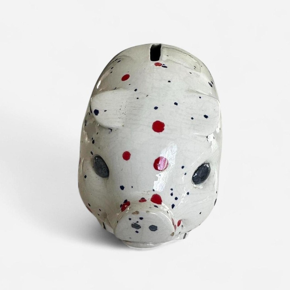 Vintage handmade Ceramic Piggy Bank Splatter Paint White - Picture 4 of 8